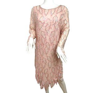 Chanson D’Amour Silk sequins Beaded Dress XL Midi Pink Peach Vintage Long Sleeve